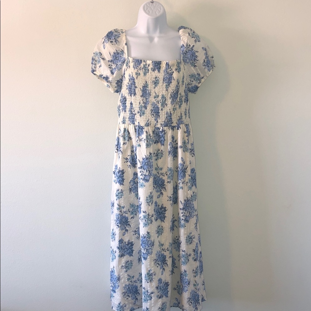 LOFT Blue Floral Smocked Midi Dress